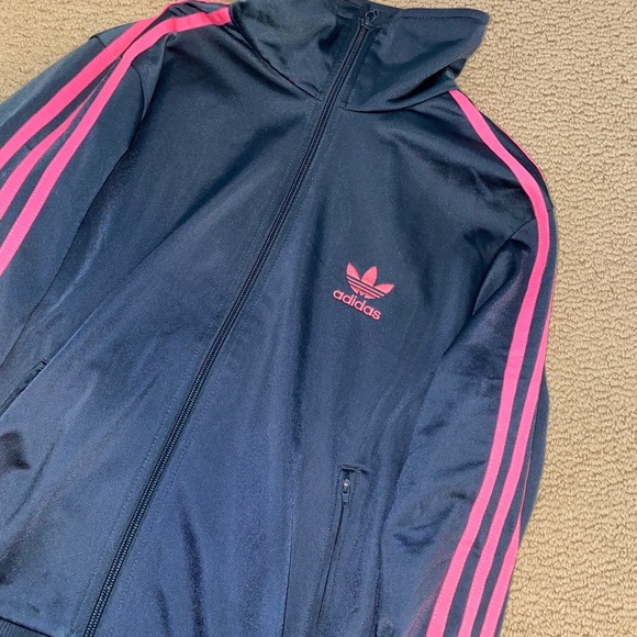 DARK GREY/ PINK STRIPE ADIDAS ZIP UP- Medium - Picture 2 of 7